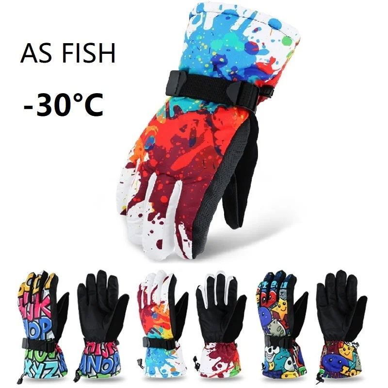 As Fish Winter -30 Thicken Ski Gloves Men Women Children Windproof Waterproof Adjustable Snowboard Climbing Snow Gloves